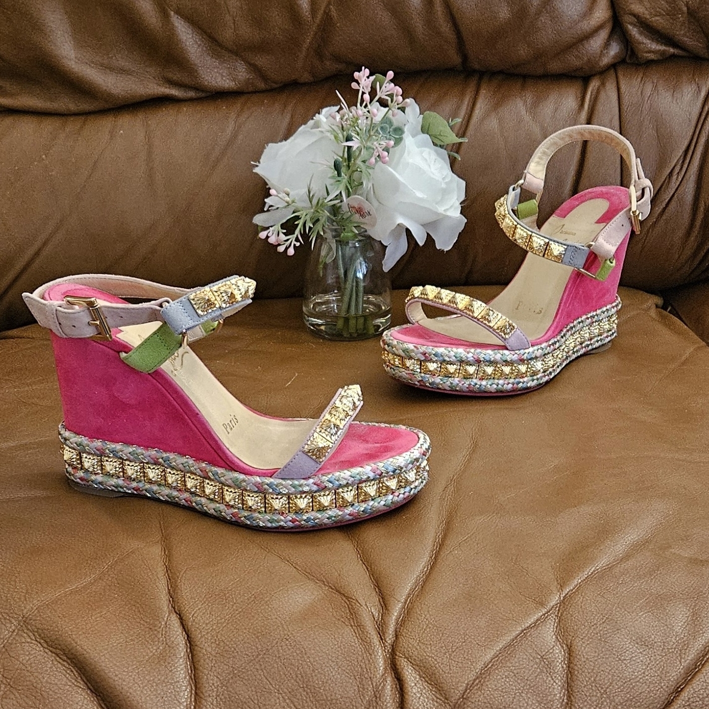 Christian Louboutin Pyraclou Suede Multicolor Gold Accent Wedges Sz 4 Us